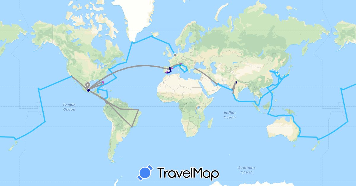 TravelMap itinerary: driving, bus, plane, train, hiking, boat in United Arab Emirates, Australia, Bermuda, Brazil, Bahamas, Canada, China, Colombia, Costa Rica, Spain, France, Greenland, Greece, Honduras, Croatia, Indonesia, India, Iceland, Italy, Jamaica, Japan, South Korea, Cayman Islands, Sri Lanka, Mexico, Malaysia, Netherlands, New Zealand, Panama, Philippines, Singapore, Turkey, Taiwan, United States, Vietnam (Asia, Europe, North America, Oceania, South America)