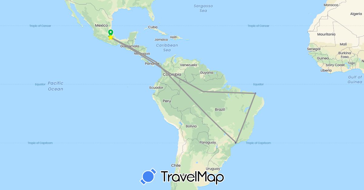 TravelMap itinerary: driving, bus, plane in Brazil, Colombia, Mexico, Panama (North America, South America)