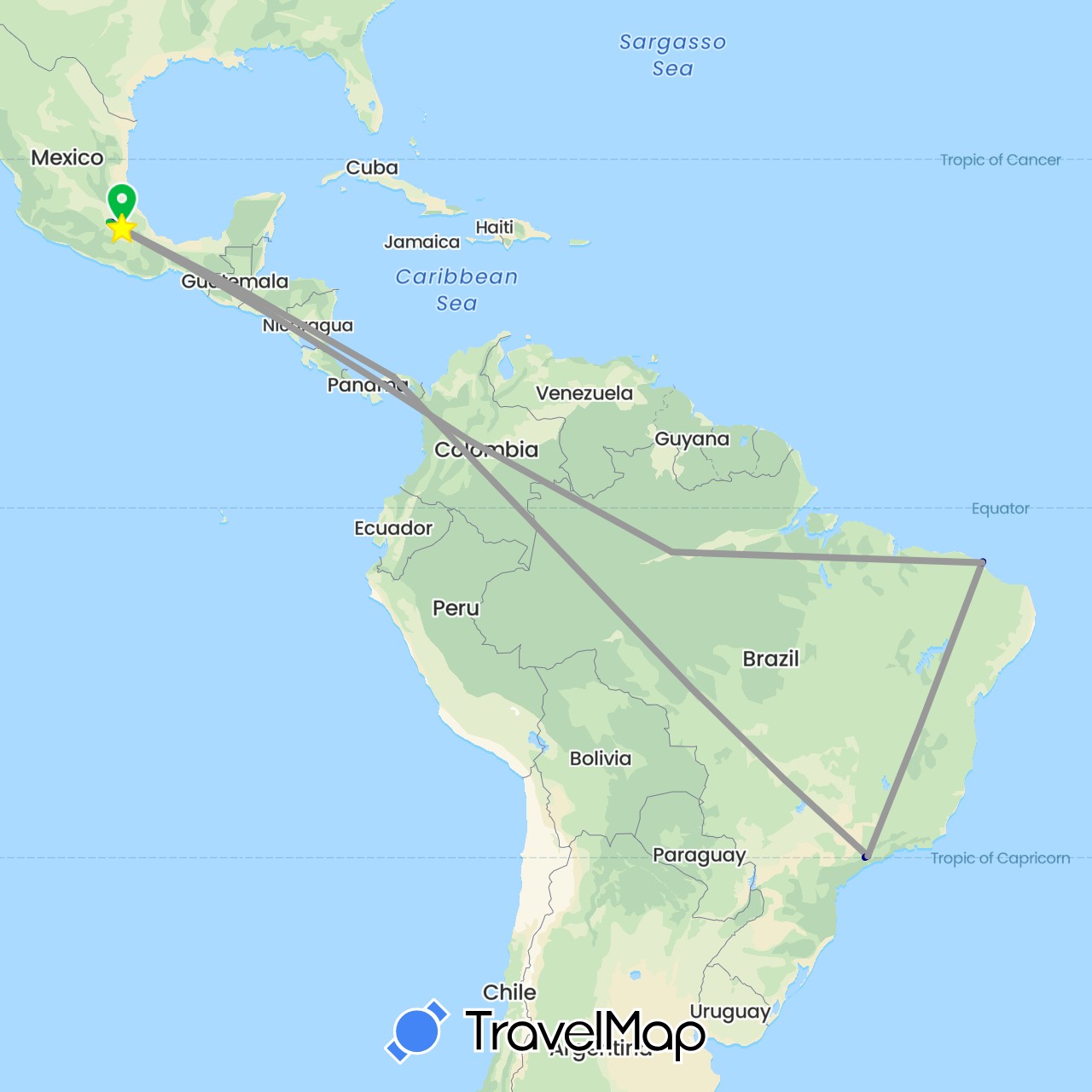 TravelMap itinerary: driving, bus, plane in Brazil, Colombia, Mexico, Panama (North America, South America)