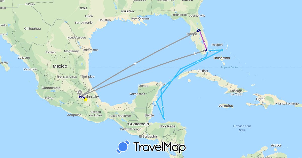 TravelMap itinerary: driving, plane, train, boat in Bahamas, Honduras, Mexico, United States (North America)