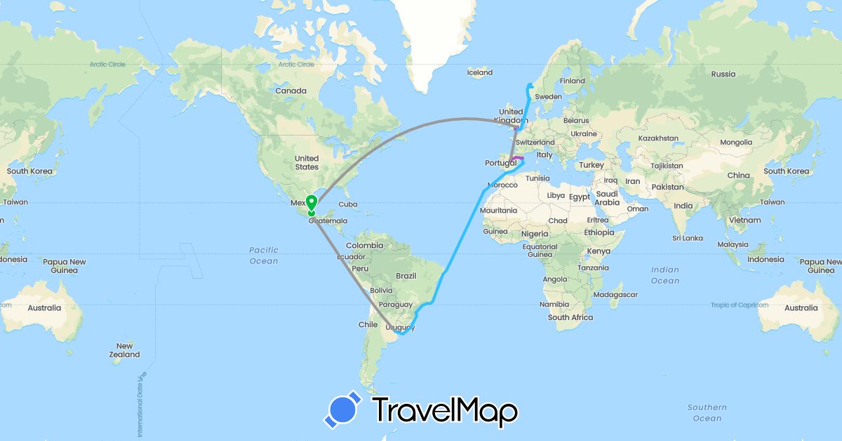 TravelMap itinerary: driving, bus, plane, train, boat in Argentina, Brazil, Spain, United Kingdom, Morocco, Mexico, Norway (Africa, Europe, North America, South America)