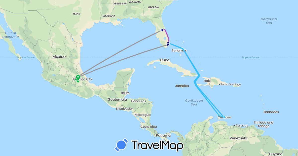TravelMap itinerary: driving, bus, plane, train, boat in Bahamas, Mexico, Netherlands, United States (Europe, North America)
